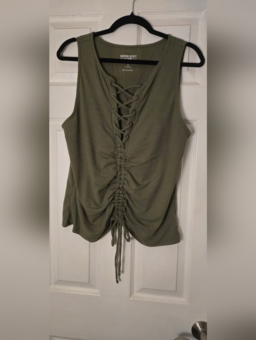 Torrid Super Soft Sleeveless Lace-Up Ruched Tank Top - Olive Green - Picture 1 of 3